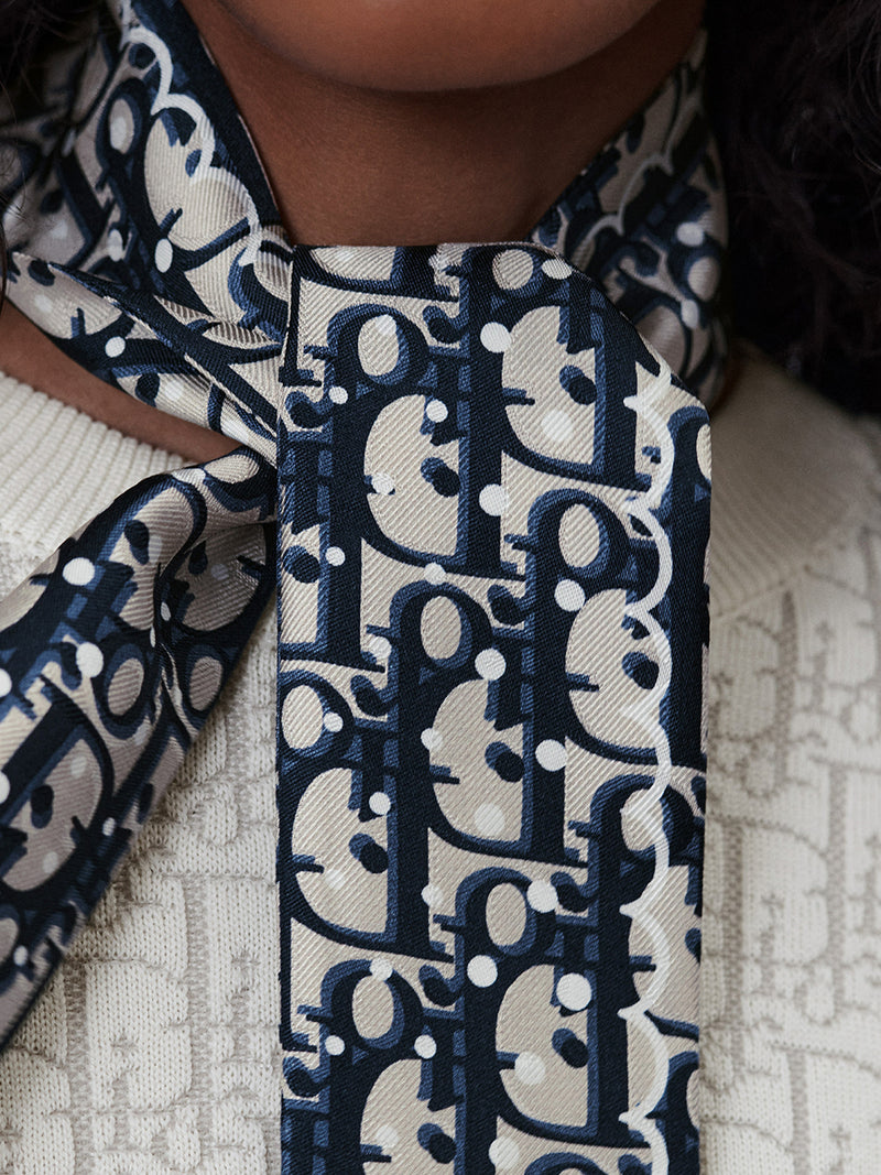 MITZAH POLKADIOR OBLIQUE SILK TWILL SCARF IN NAVY BLUE AND BEIGE