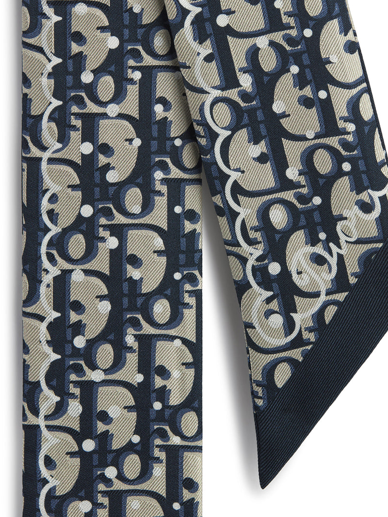MITZAH POLKADIOR OBLIQUE SILK TWILL SCARF IN NAVY BLUE AND BEIGE