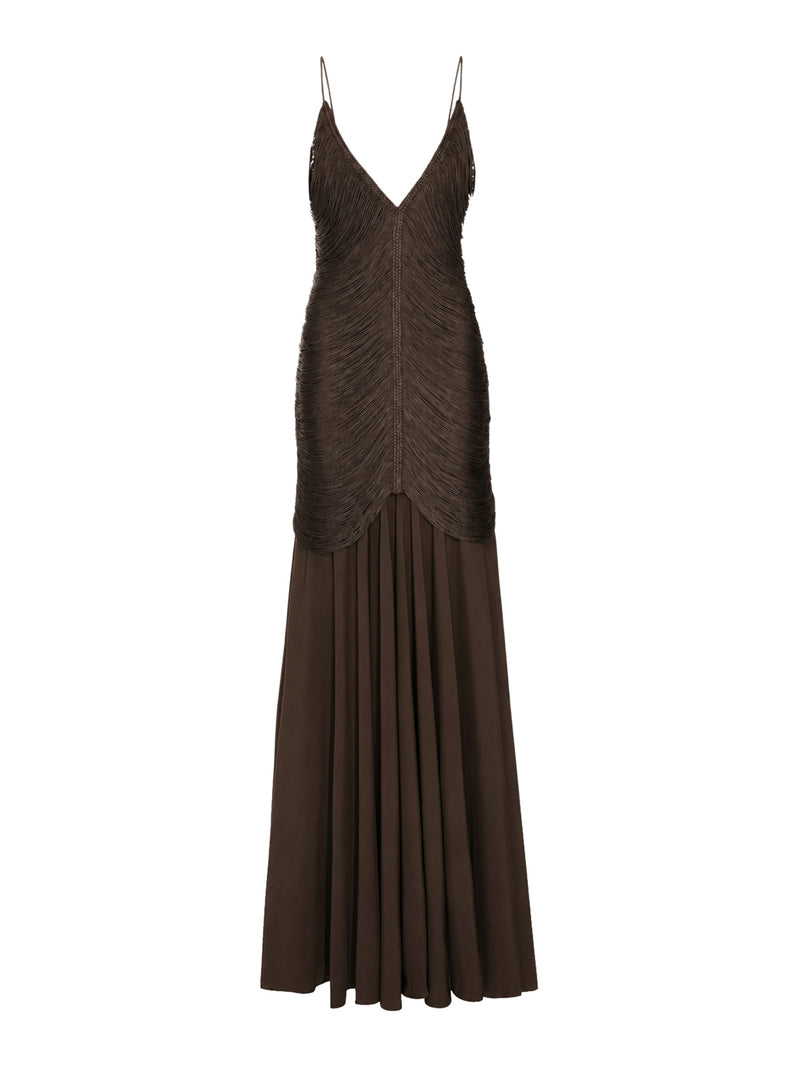 LONG NOSTALGIA DRESS WITH FRINGES AND V-NECK