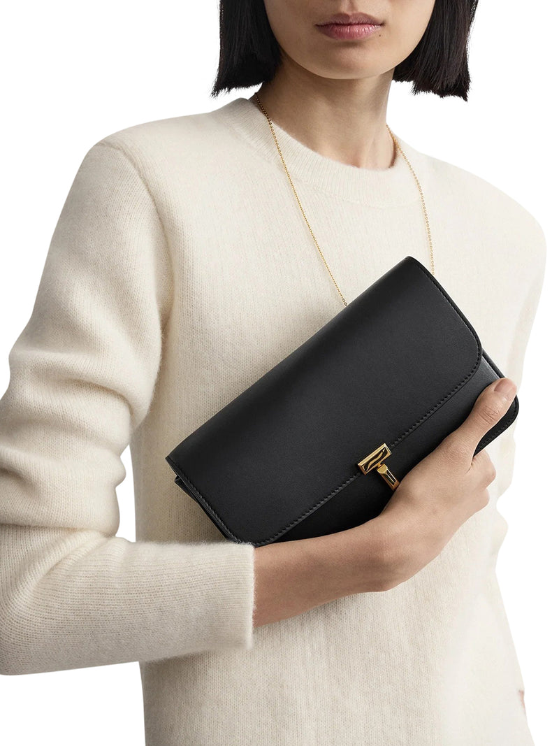 BLACK LEATHER CROSSBODY BAG WITH T-LOCK CLOSURE