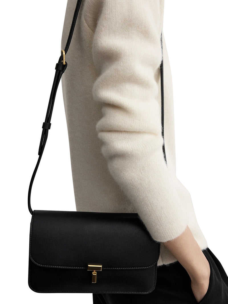 BLACK LEATHER CROSSBODY BAG WITH T-LOCK CLOSURE