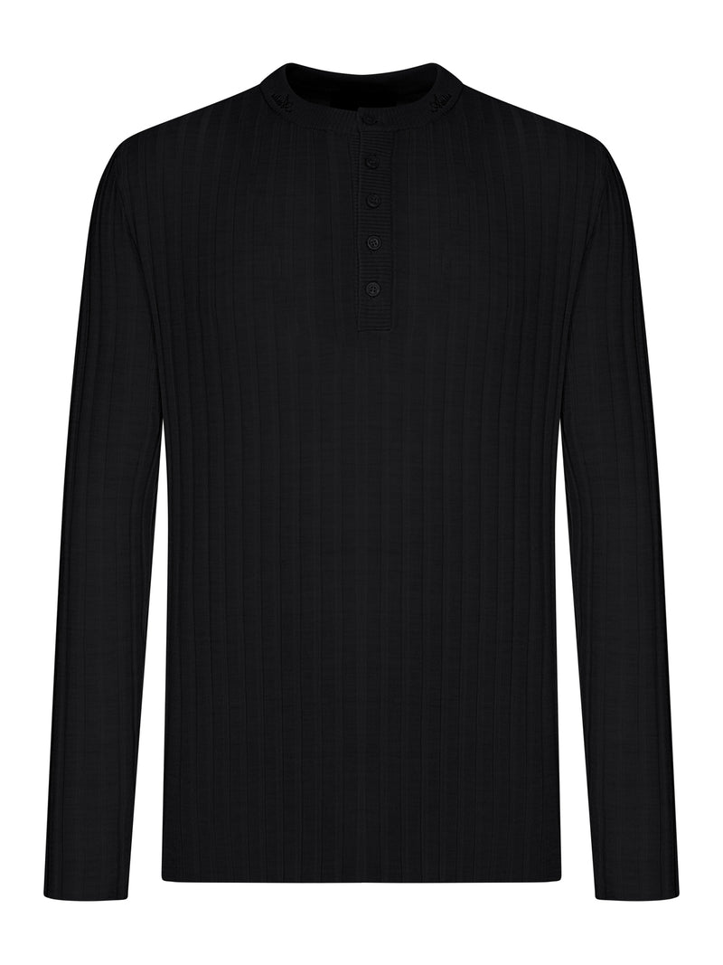 HENLEY LONG-SLEEVED RIBBED KNIT SWEATER