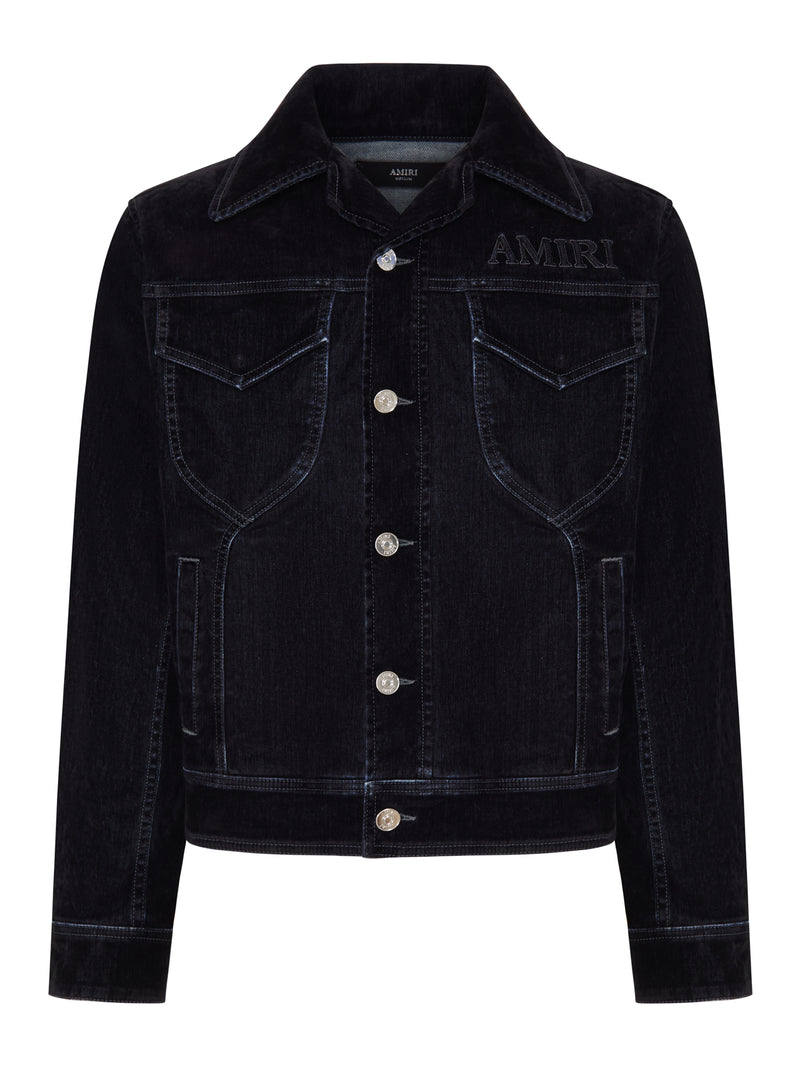 FLOCKED DENIM JACKET WITH EMBROIDERED LOGO AND METAL BUTTONS