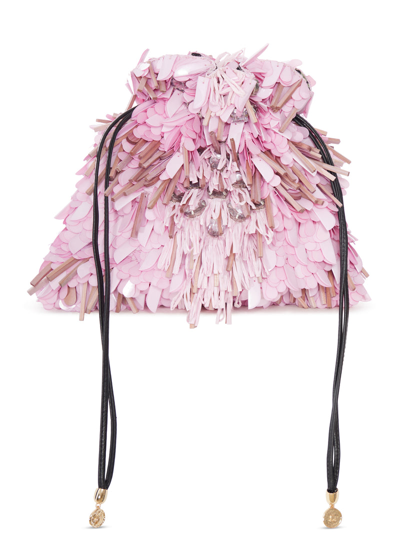 BORSA A SECCHIELLO CON PAILLETTES E FRANGE DECORATIVE