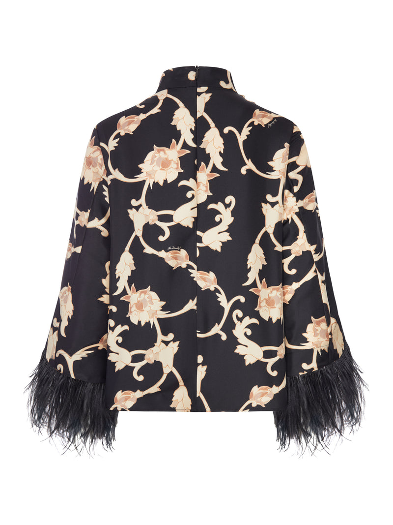 PRINTED BLOUSE WITH HIGH COLLAR AND FEATHER CUFFS