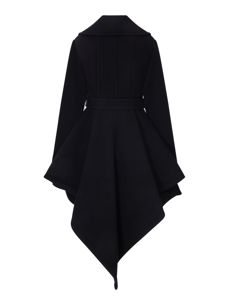 BLACK ASYMMETRIC COAT WITH BELT