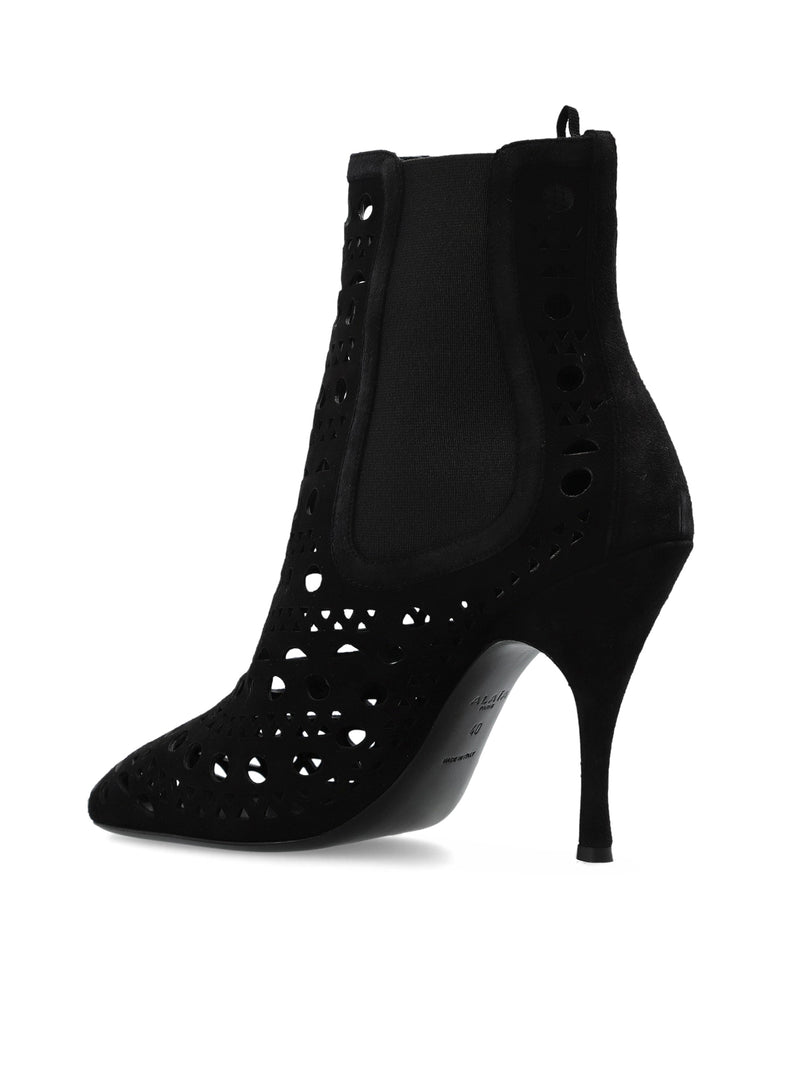 ALAÏA BLACK SUEDE HEEL ANKLE BOOTS