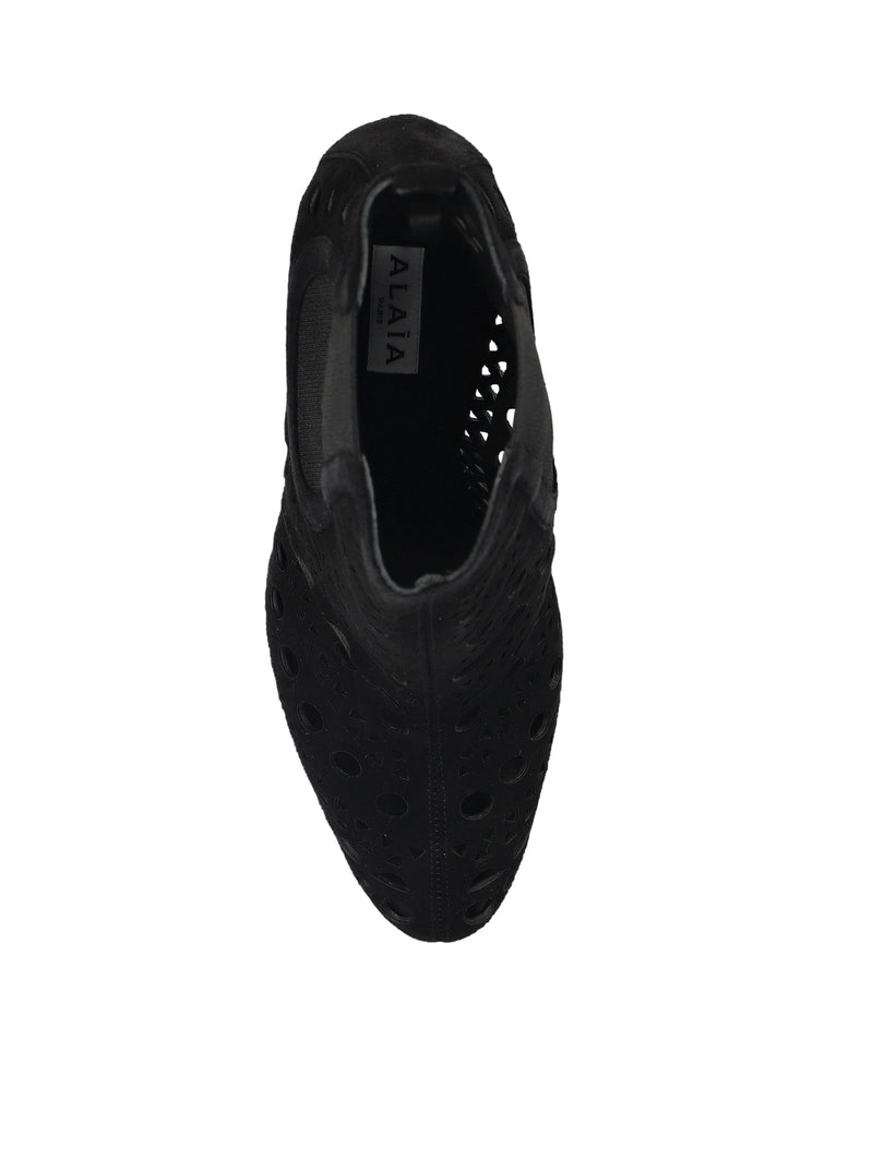ALAÏA BLACK SUEDE HEEL ANKLE BOOTS