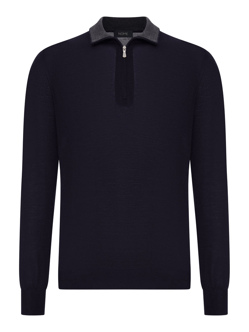 FINE KNIT POLO SWEATER WITH ZIP