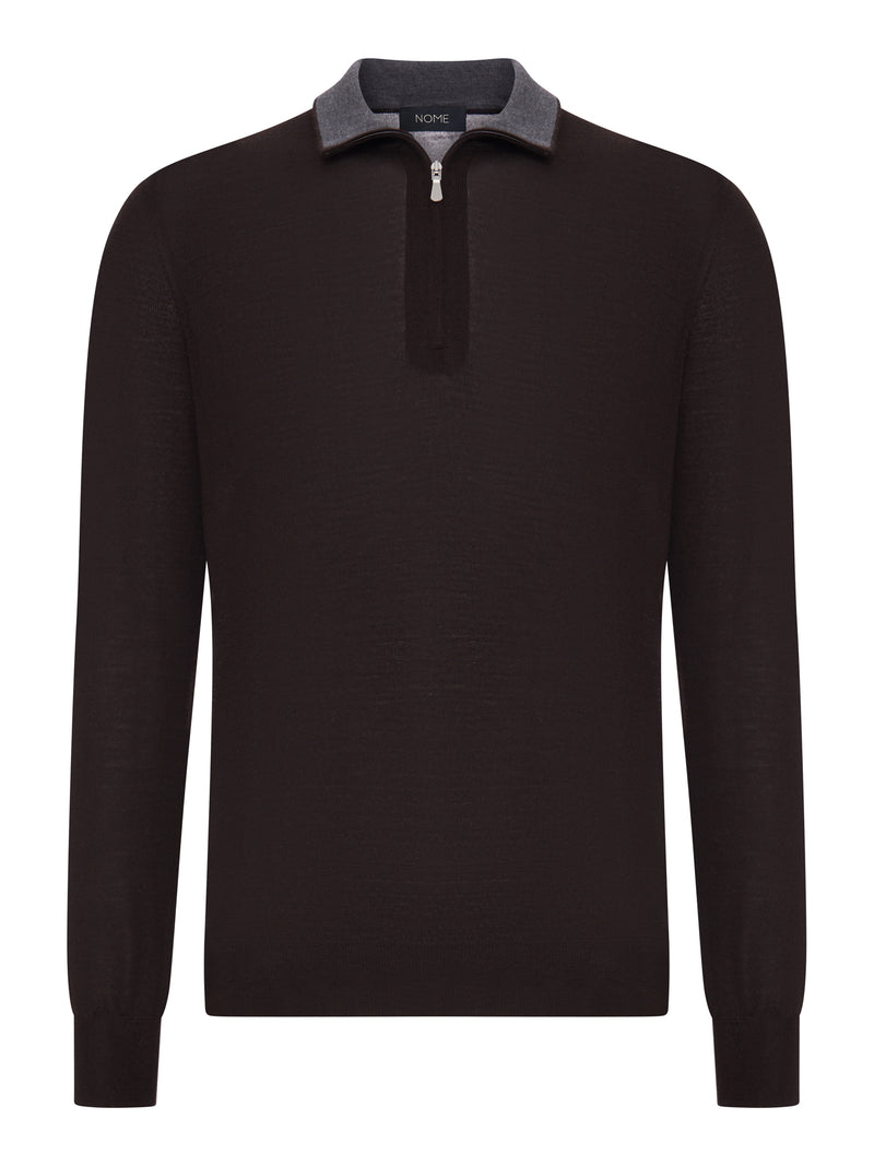 FINE KNIT POLO SWEATER WITH ZIP
