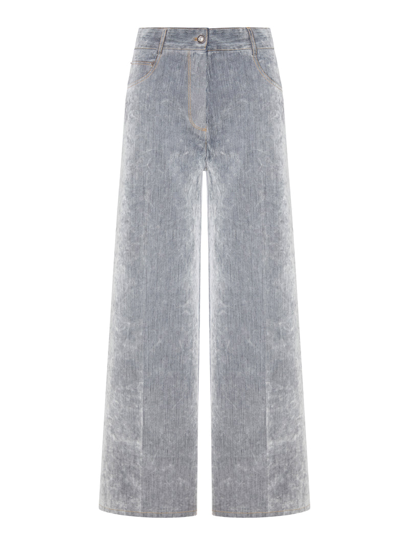 GREY FLOCKED DENIM WIDE-LEG JEANS