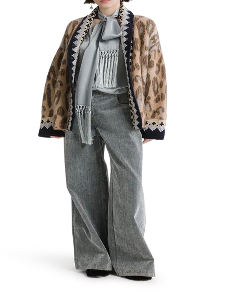 GREY FLOCKED DENIM WIDE-LEG JEANS