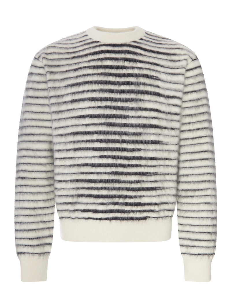 STRIPED CREW NECK SWEATER WITH HAIRY EFFECT