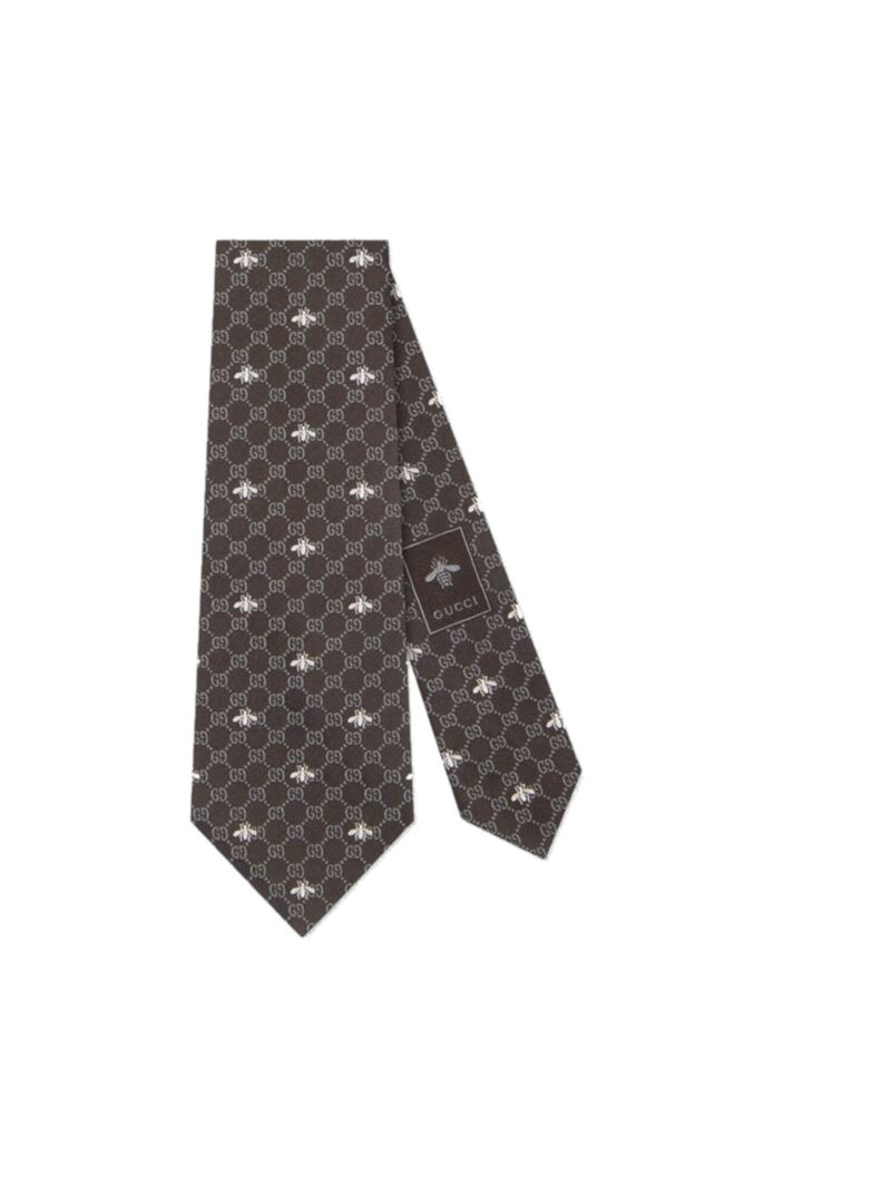 SILK TIE WITH BEES AND GG PATTERN