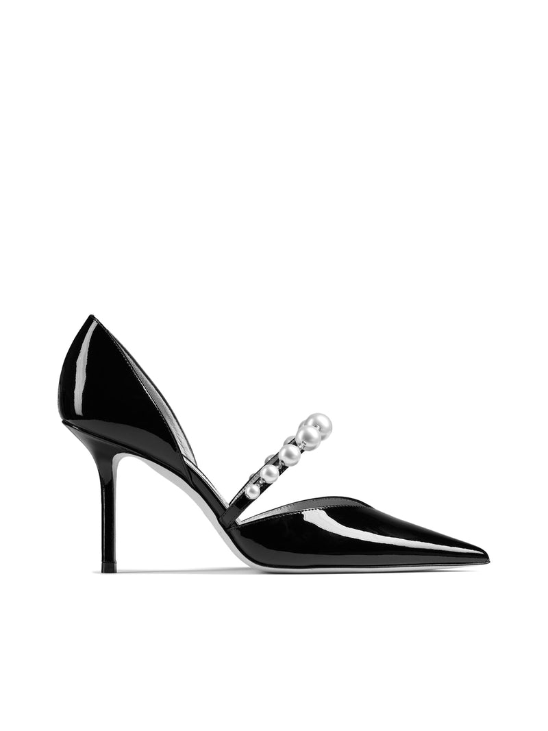 Black Patent Leather Pointed Pumps with Pearl Embellishment