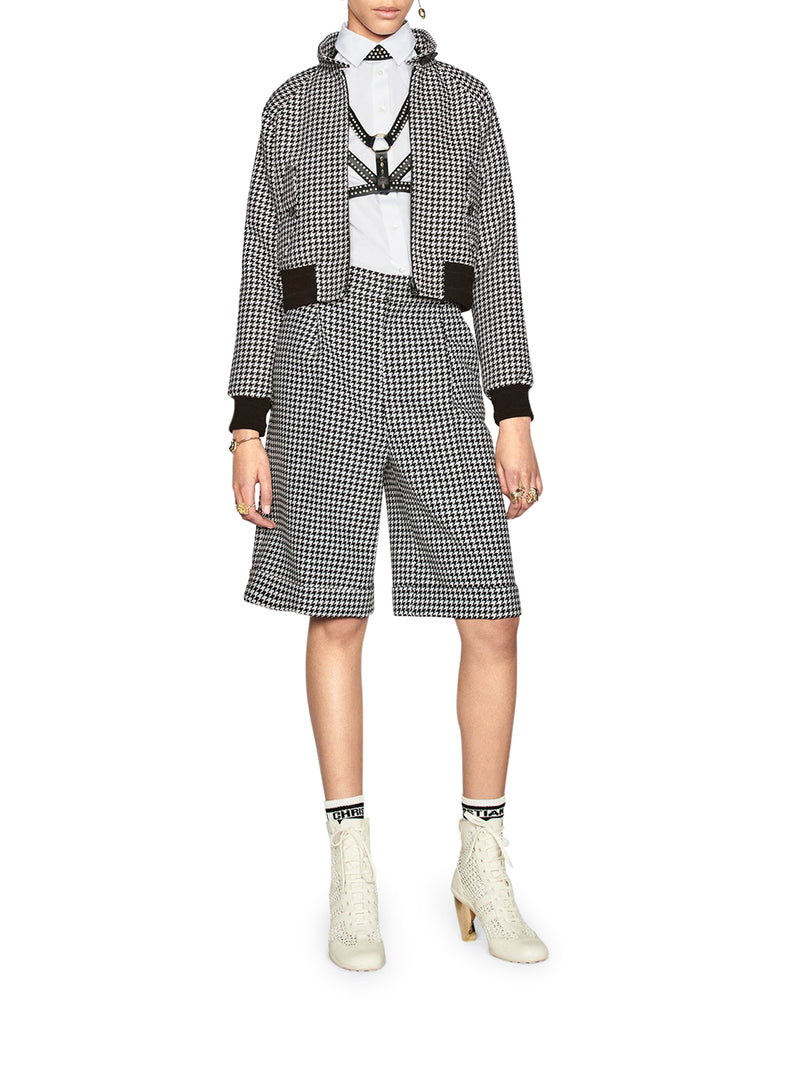BERMUDA in black and white wool and silk Twill with micro houndstooth motif