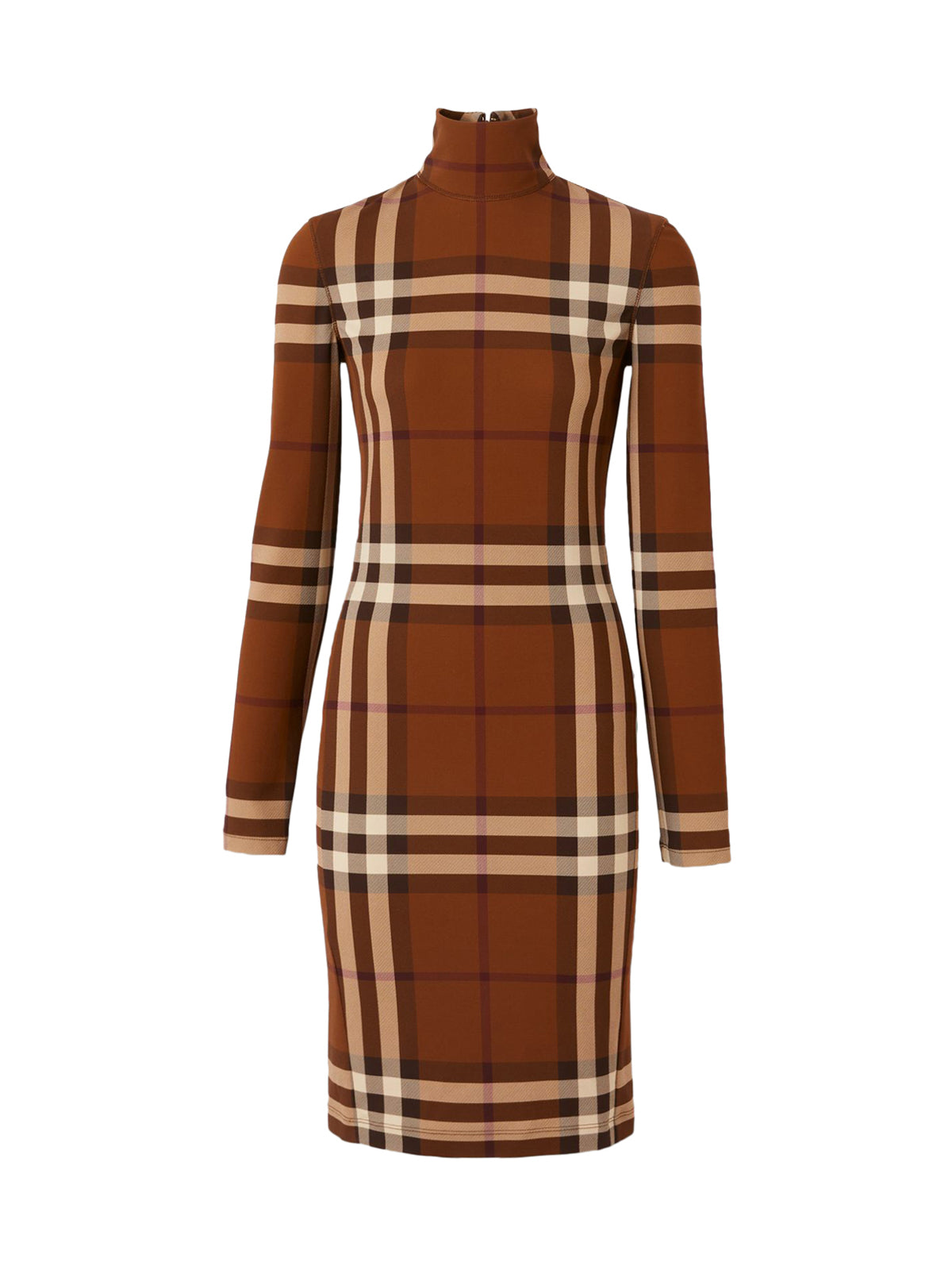Stretch jersey dress with funnel neck and tartan motif