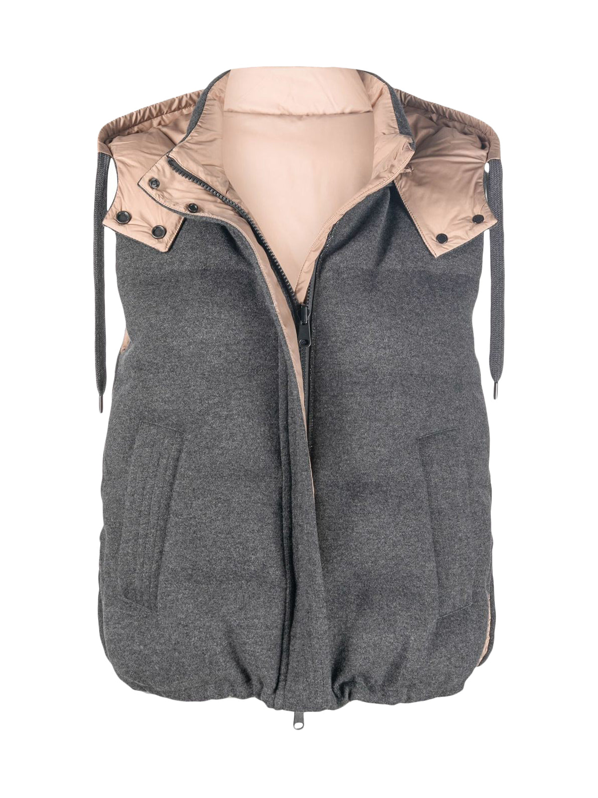 Reversible sleeveless down jacket in cashmere knit with hood and "Shiny Trim"