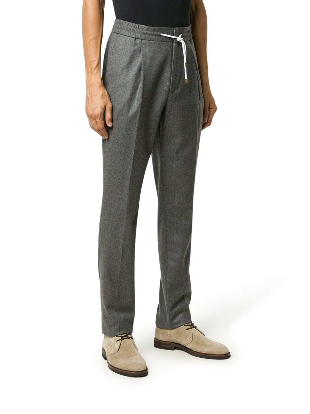 Grey Wool Pleated Drawstring Trousers