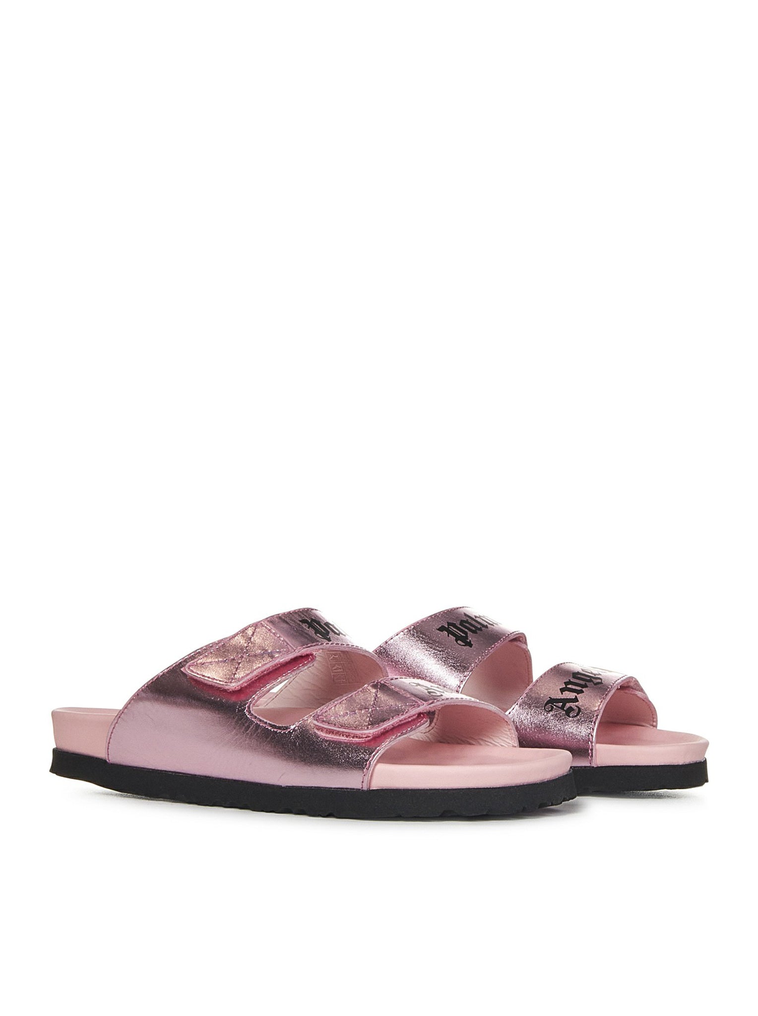 Pink slide sandals in metallic leather with double strap with logo print
