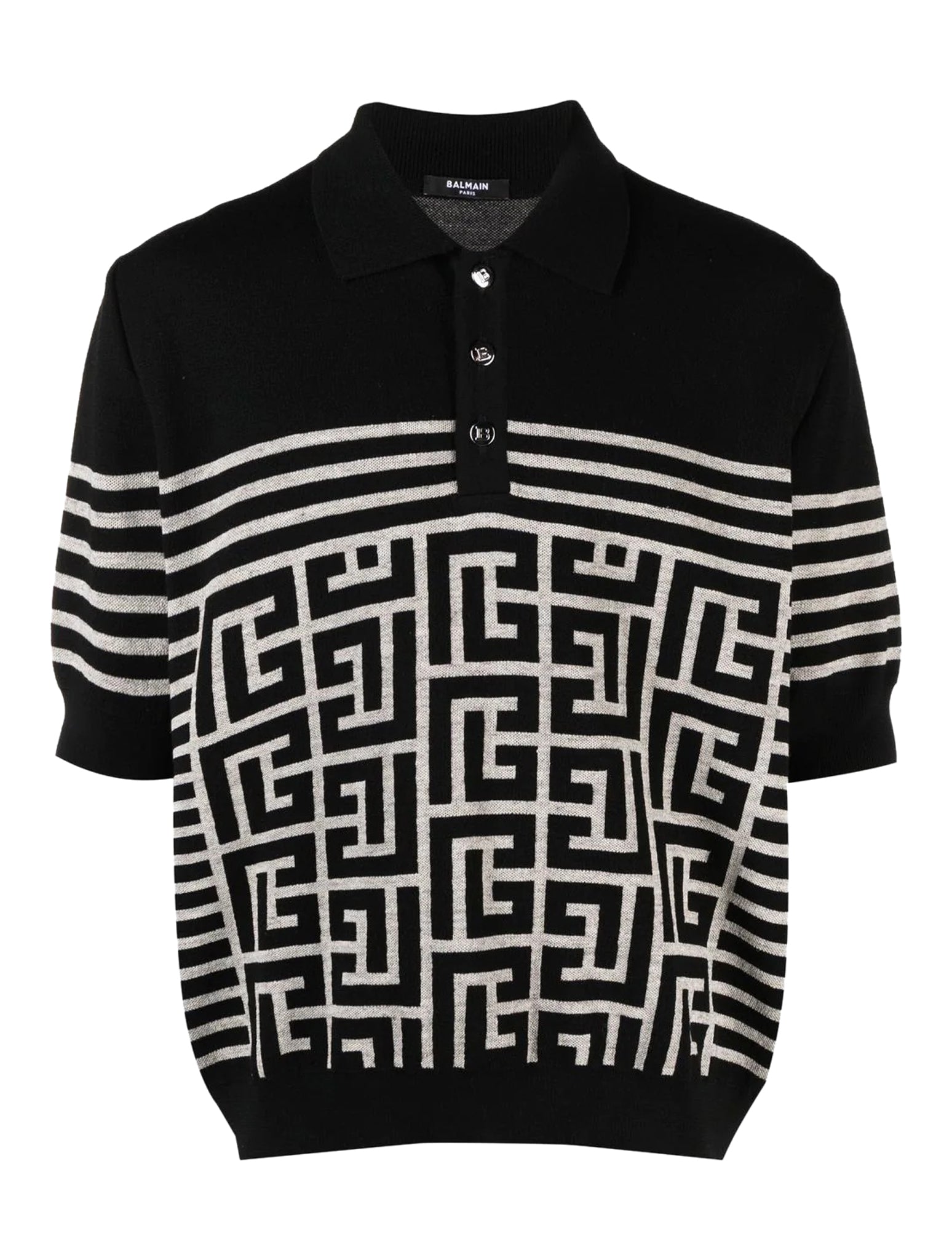 Balmain Knitted Monogram Jacquard Polo Shirt in Black for Men