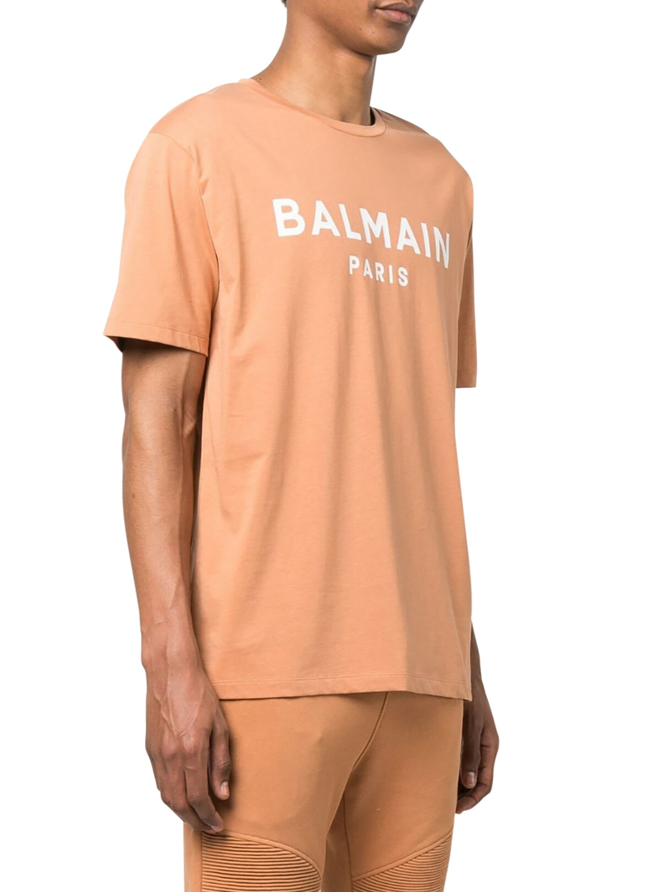 Beige Monogram-print cotton T-shirt, Balmain