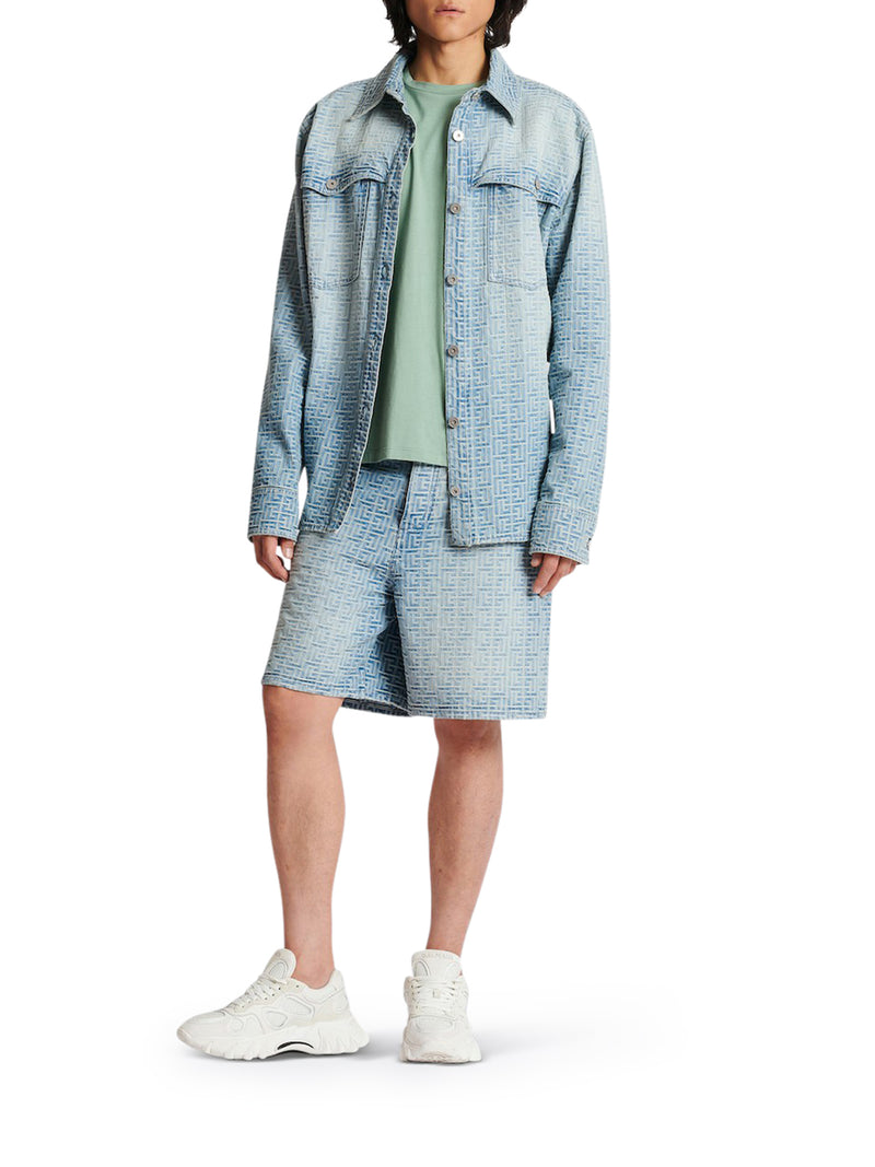 Balmain Overshirt In Denim With Monogram Pattern in Gray for Men