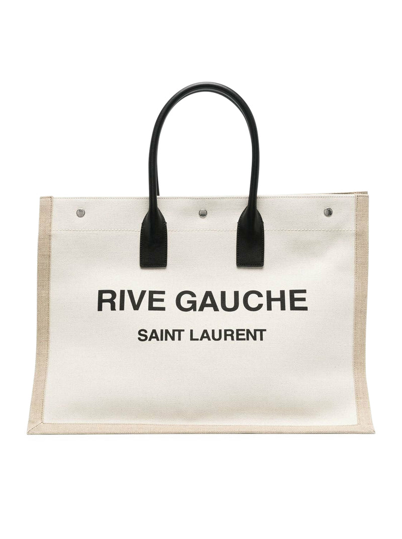 SAINT LAURENT Linen Calfskin Rive Gauche Bucket Bag Greggio