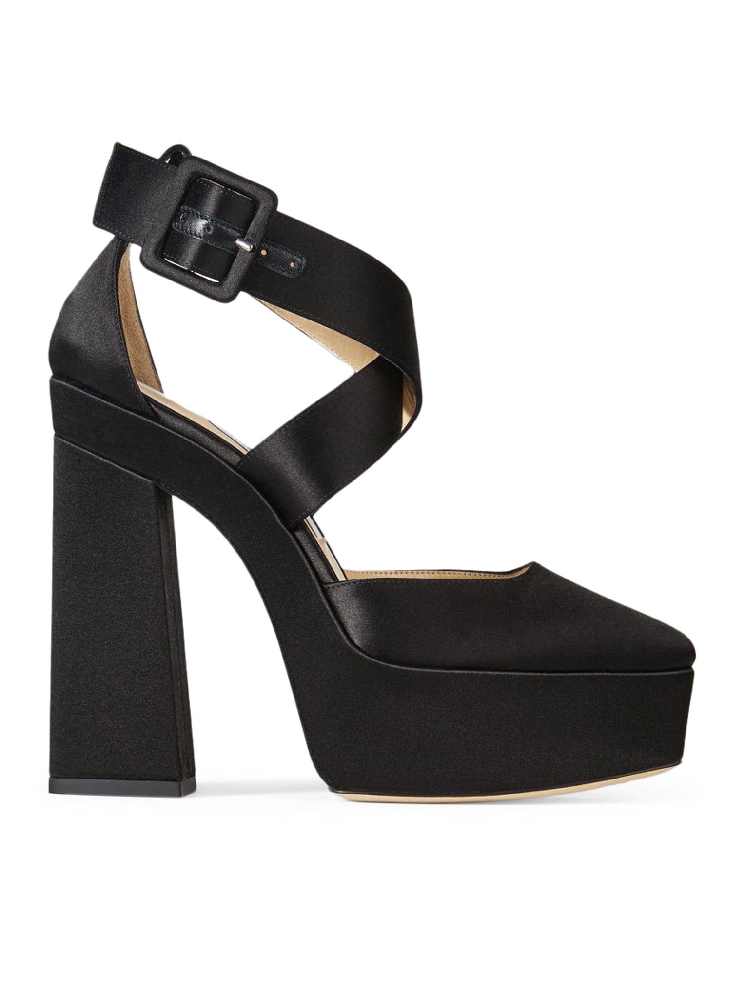 Shoes with heel and platform in satin