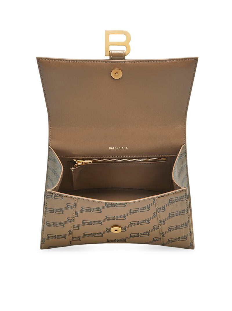 BALENCIAGA: Hourglass XS bag in coated cotton with all over monogram -  Beige