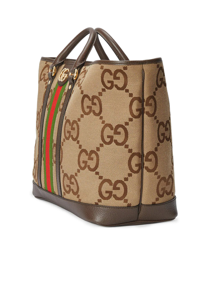GUCCI GG Jumbo leather-trimmed canvas-jacquard tote