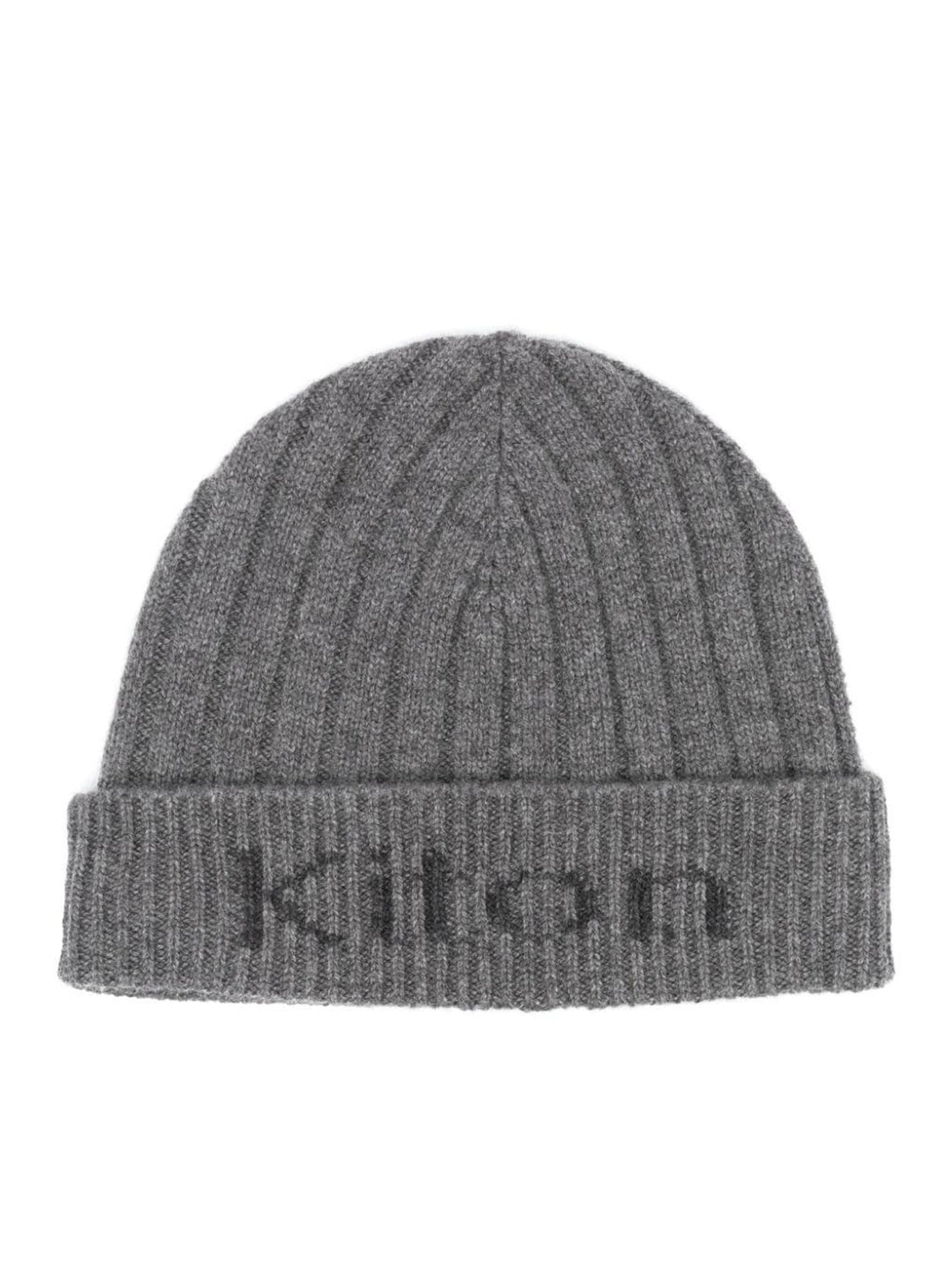 Gray Ribbed Cashmere Beanie With Logo