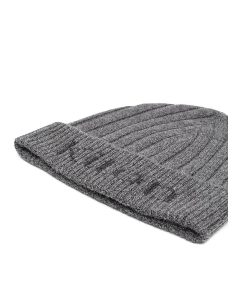 Gray Ribbed Cashmere Beanie With Logo