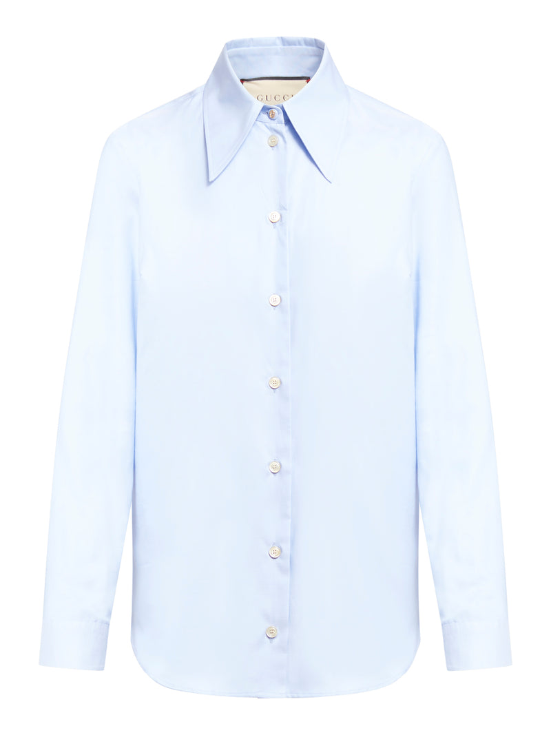 Gucci Baby Blue Cotton Poplin Snake Embroidered Collar Shirt