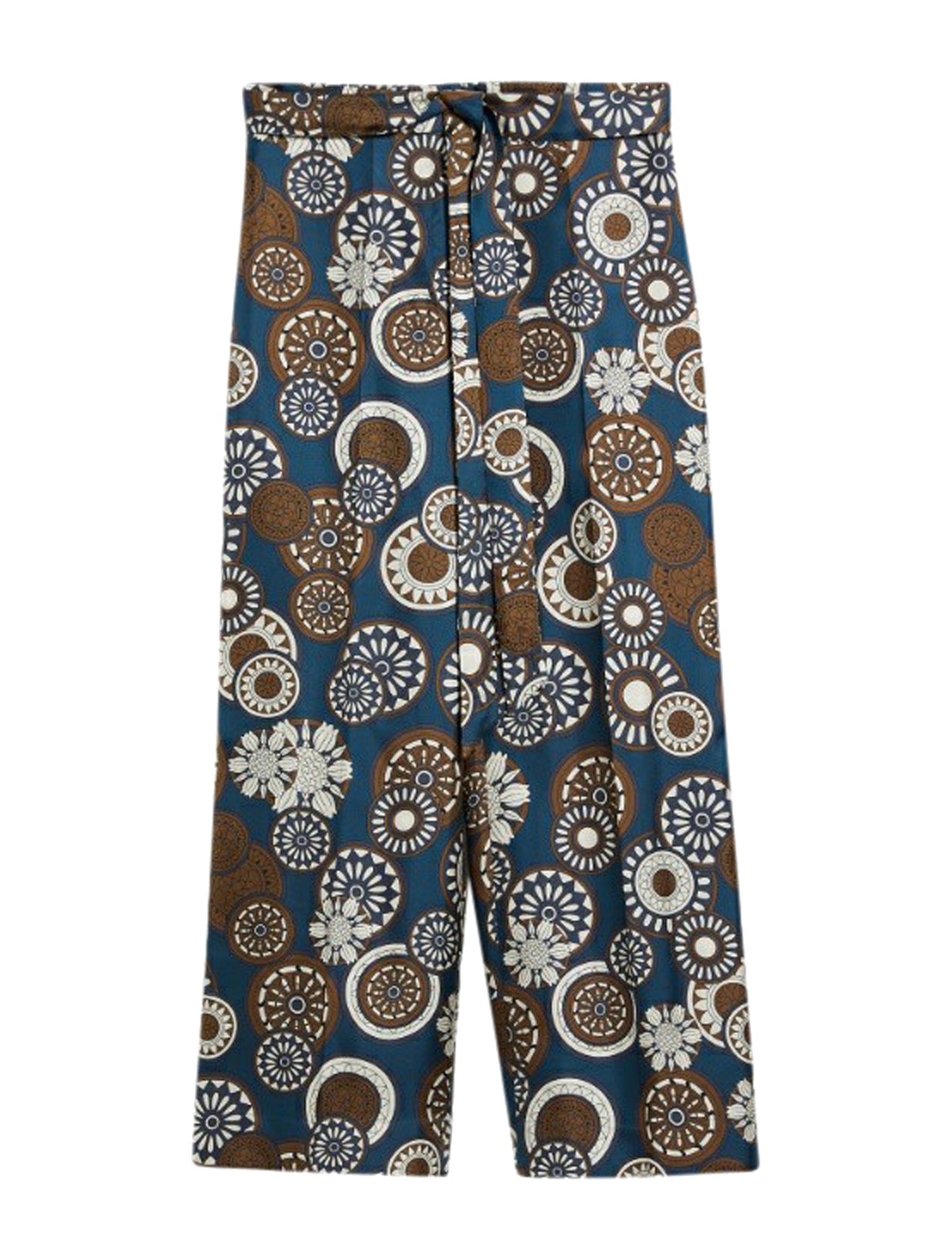 Flowing trousers in printed silk