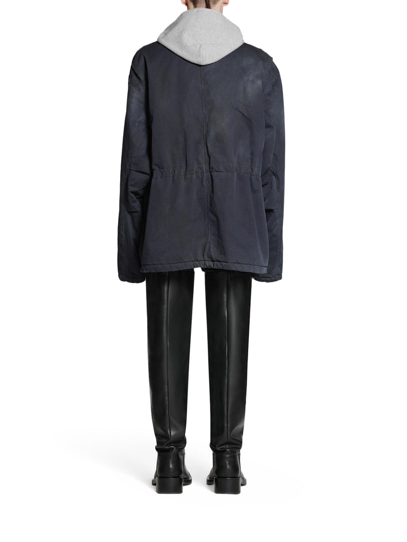 Workwear Double B parka in dark blue stretch gabardine and medium gray curly fleece