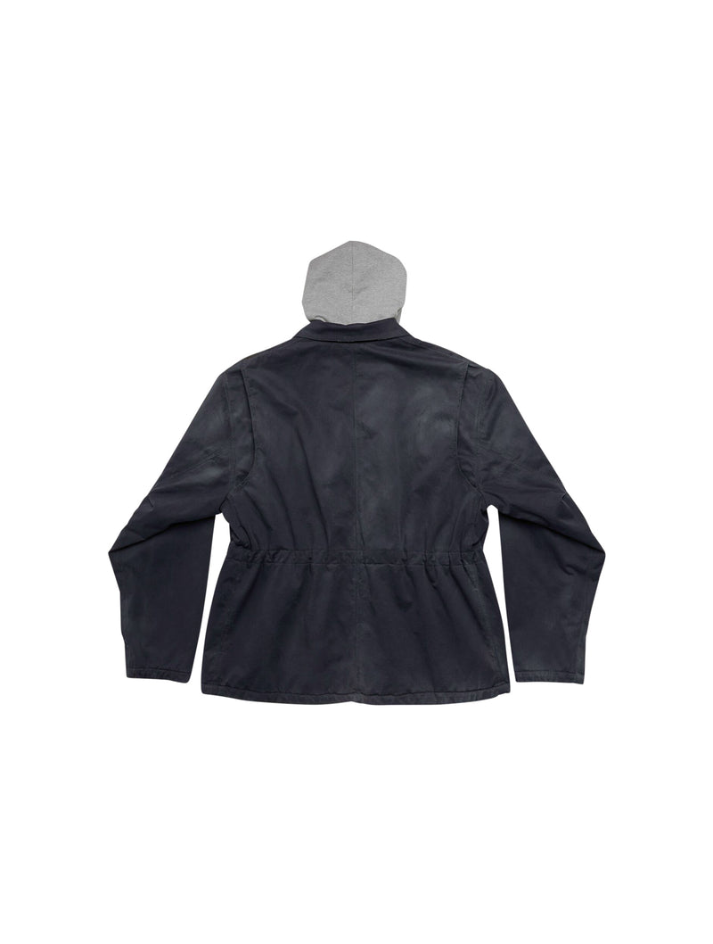 Workwear Double B parka in dark blue stretch gabardine and medium gray curly fleece