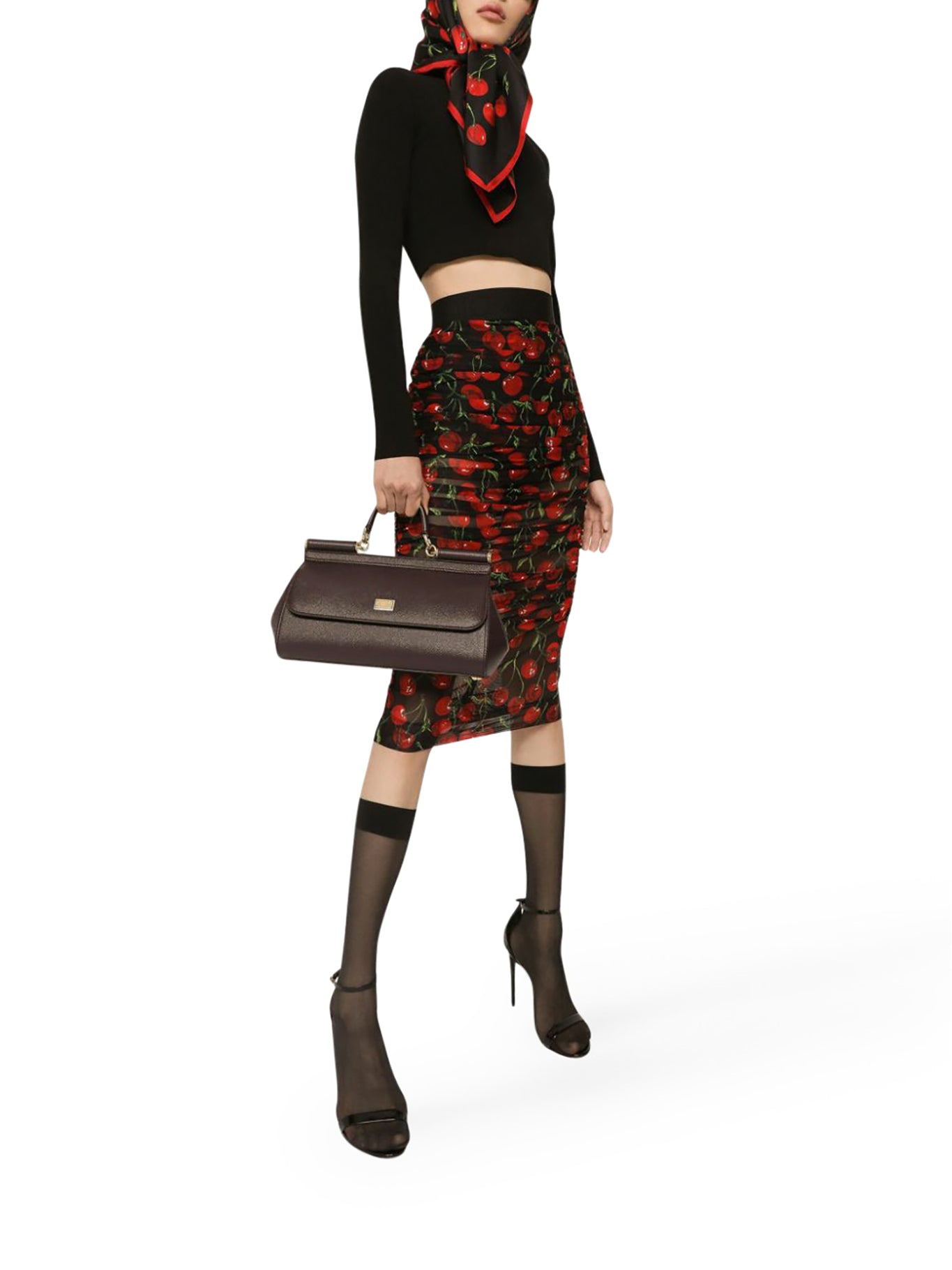cherry-print ruched pencil skirt