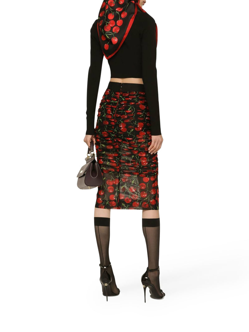cherry-print ruched pencil skirt