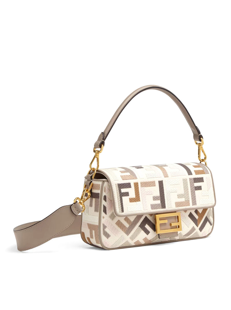 Fendi Baguette Bag In Multicolor Canvas With Ff Embroidery In Nude &  Neutrals