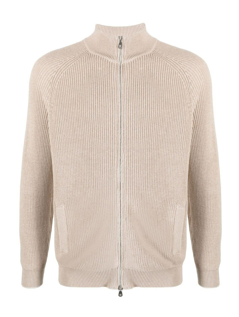 Funnel Neck Knitted Rib Zip Through Cardigan