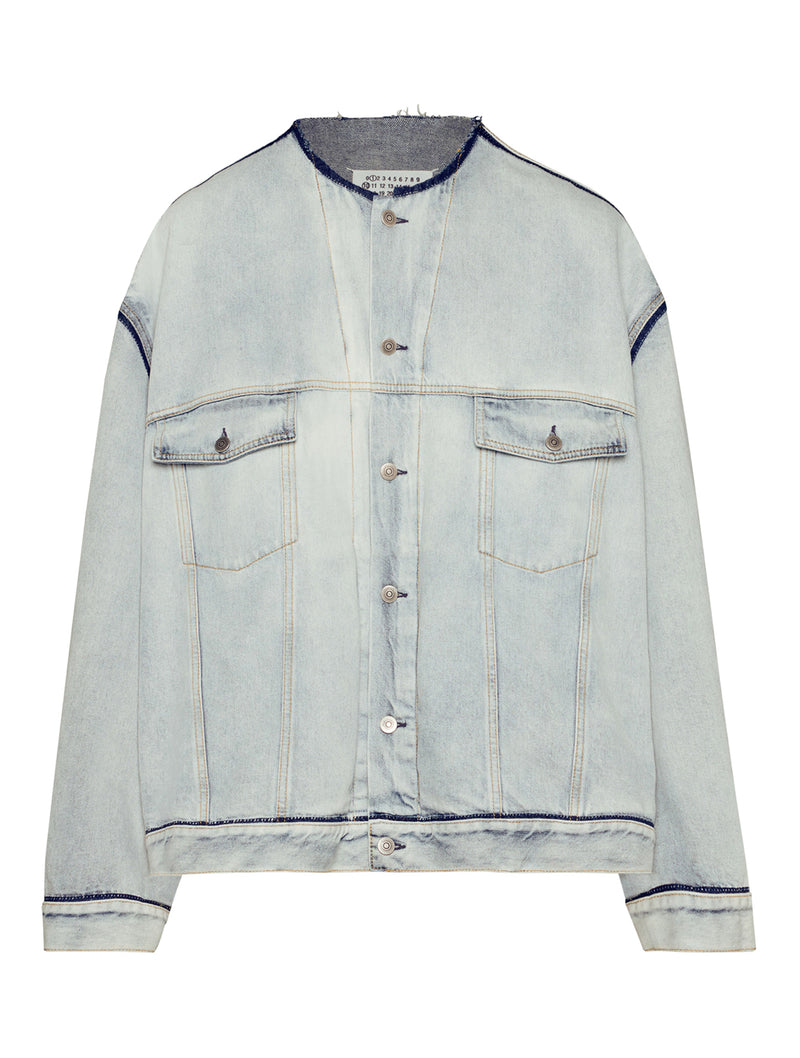 Collarless Jacket With Fray - Vintage in 2023 | Collarless denim jacket, Collarless  jacket, Collarless