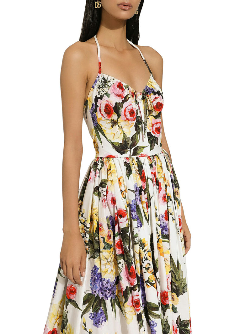 CALF-LENGTH COTTON DRESS WITH GARDEN PRINT