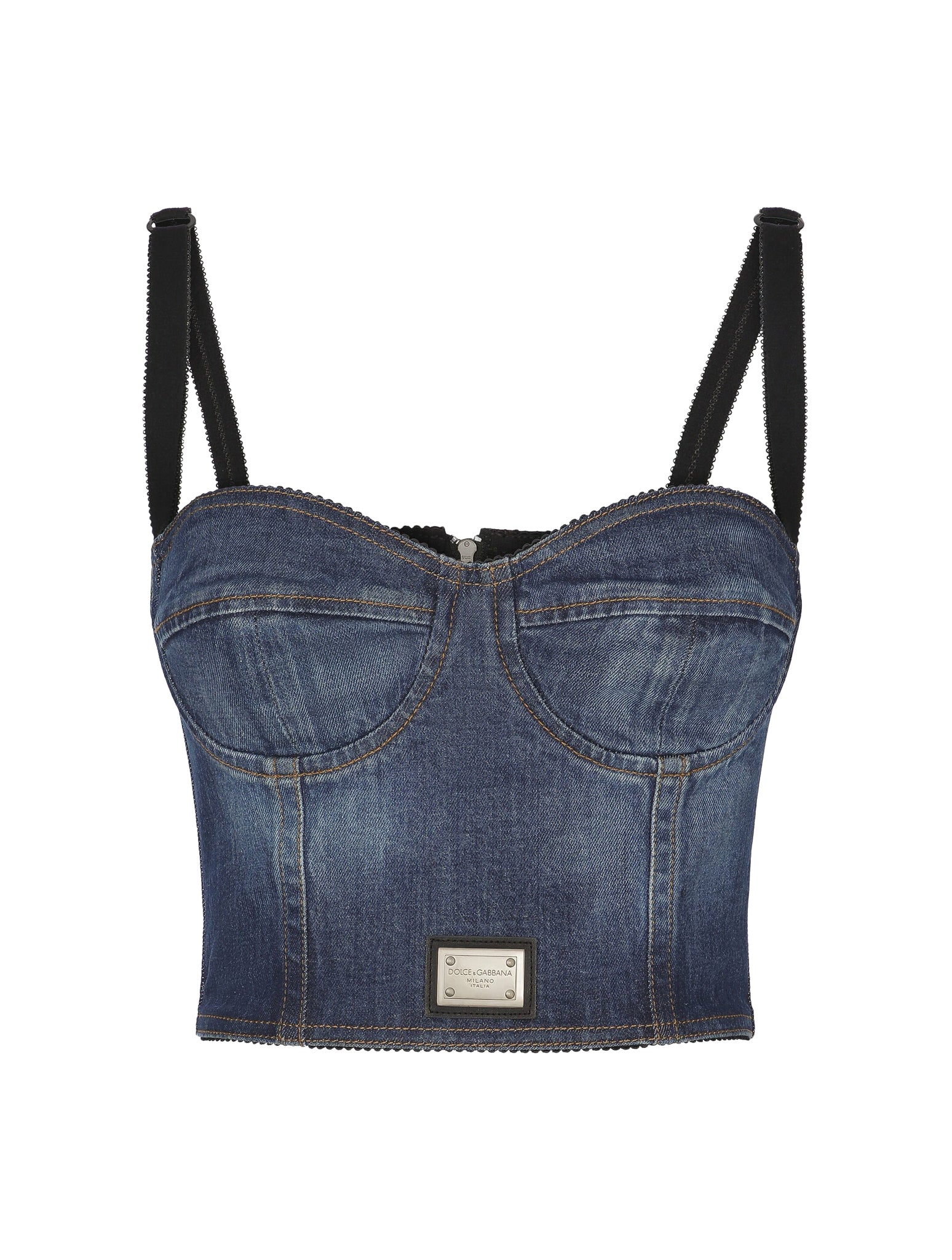 DENIM BUSTIER TOP WITH LOGO PLATE