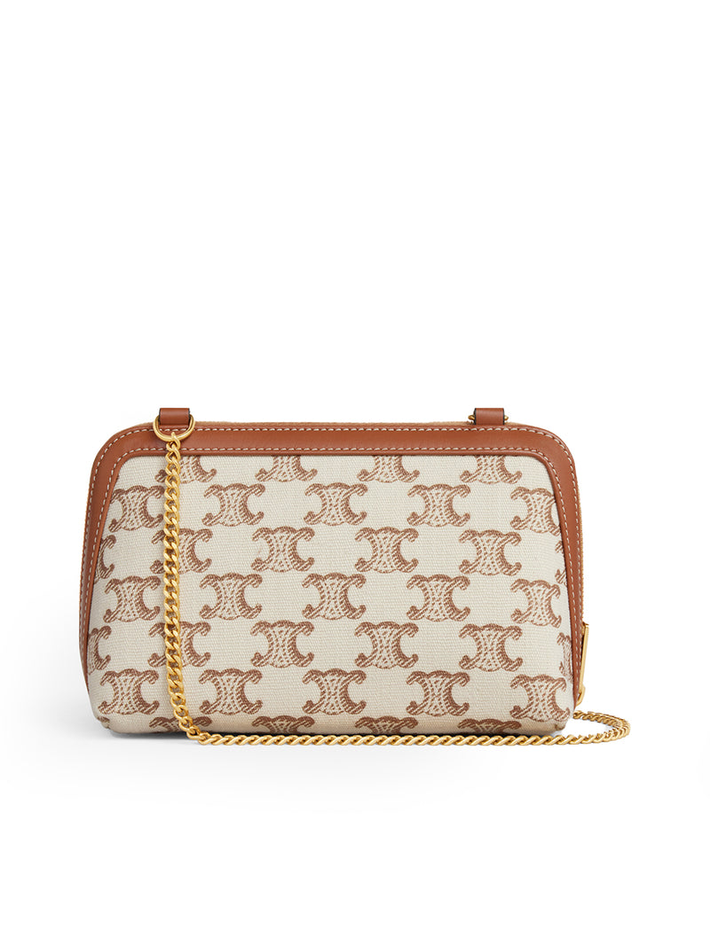 TRIOMPHE CUIR CLUTCH WITH CHAIN IN TRIOMPHE PRINT FABRIC AND WHITE CALF LEATHER