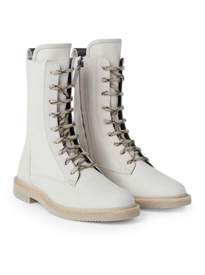 Boot in cotton and linen canvas and calfskin with Precious Detail