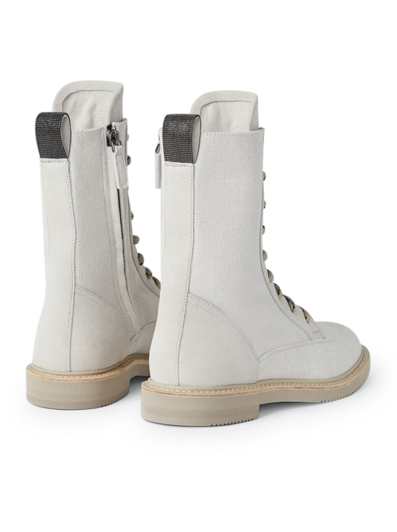 Boot in cotton and linen canvas and calfskin with Precious Detail