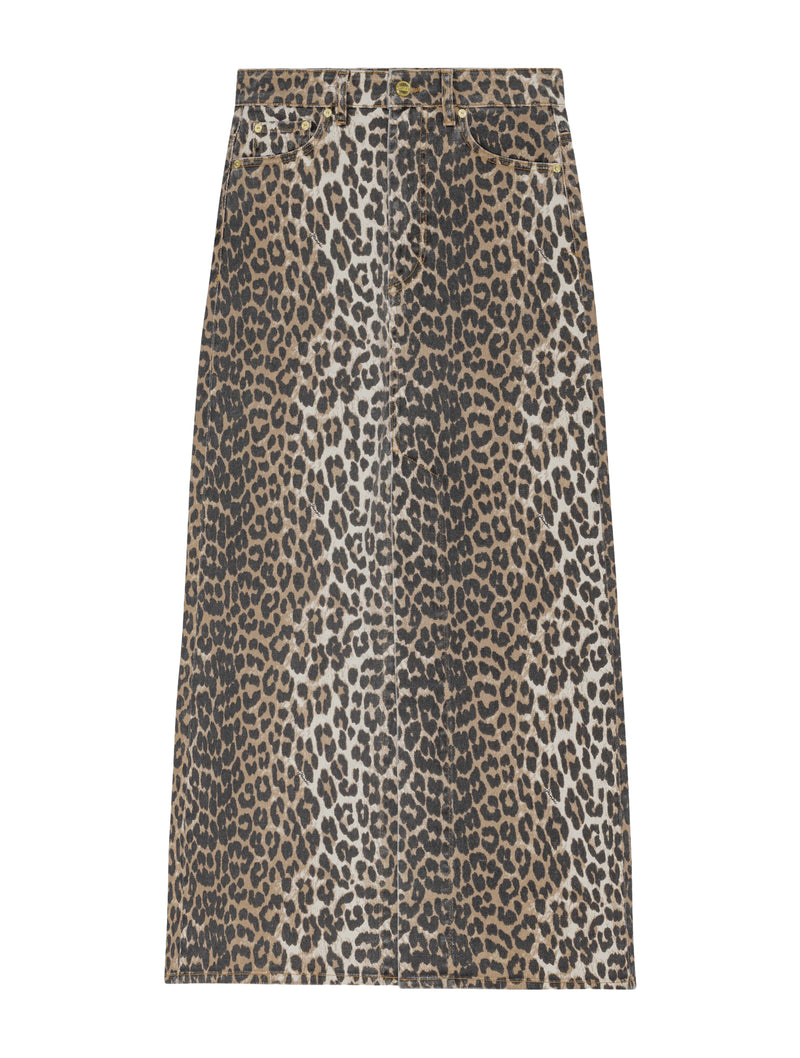 LEOPARD DENIM MAXI SLIT SKIRT